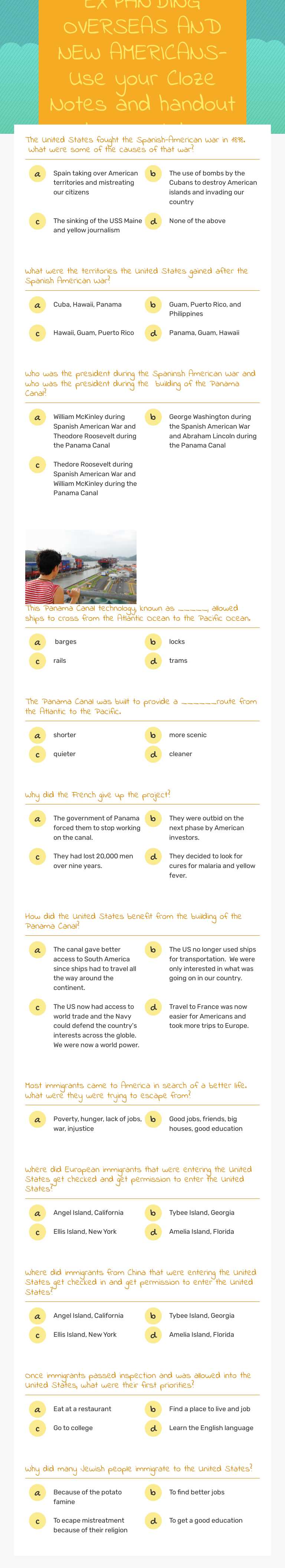 EXPANDING OVERSEAS AND NEW AMERICANS- Use your Cloze Notes and handout to complete. Grade 5 worksheet preview