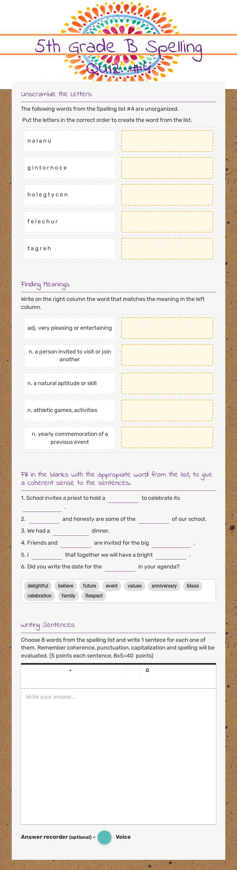 5th Grade B Spelling Quiz  #4 worksheet preview image