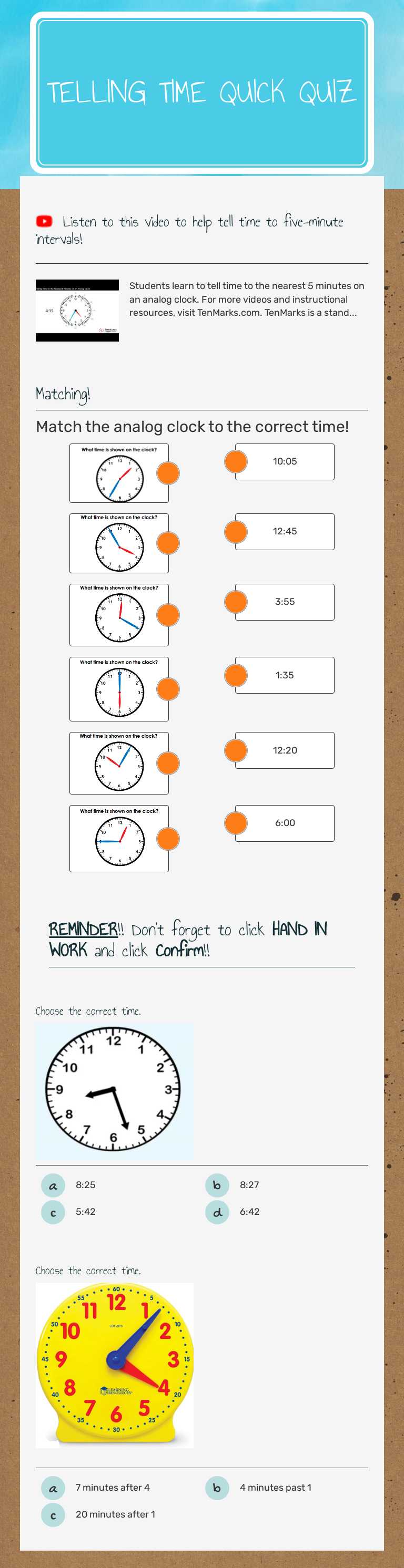 Telling Time Quick Quiz worksheet preview image