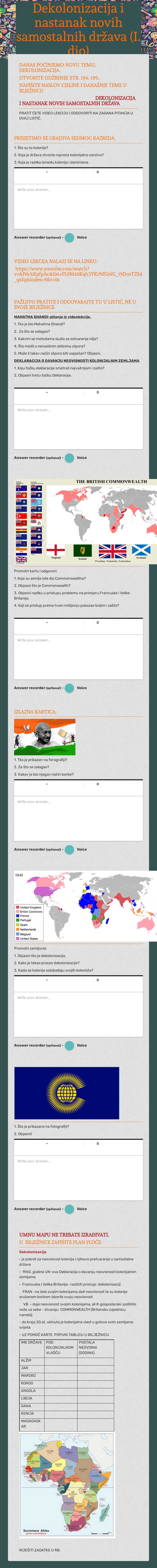 Dekolonizacija i nastanak novih samostalnih država (I. dio) Grade 8 worksheet preview