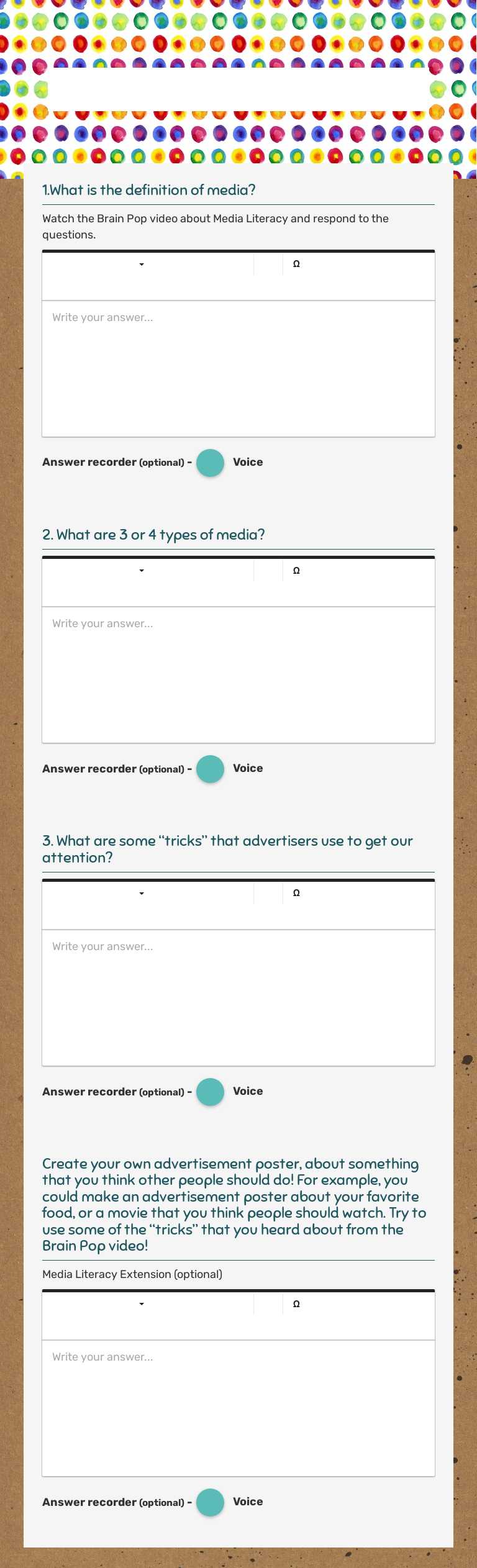 Media Literacy worksheet preview image