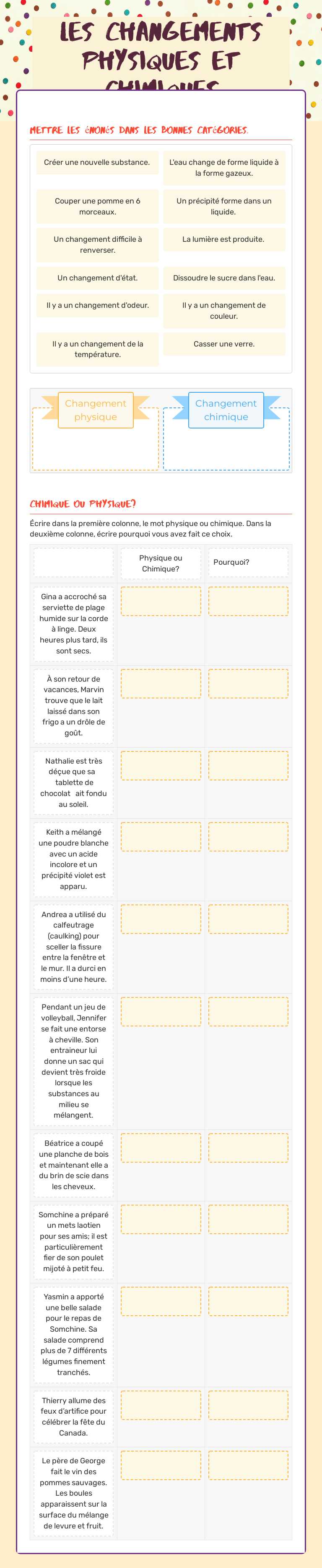 Les Changements Physiques et Chimiques worksheet preview image