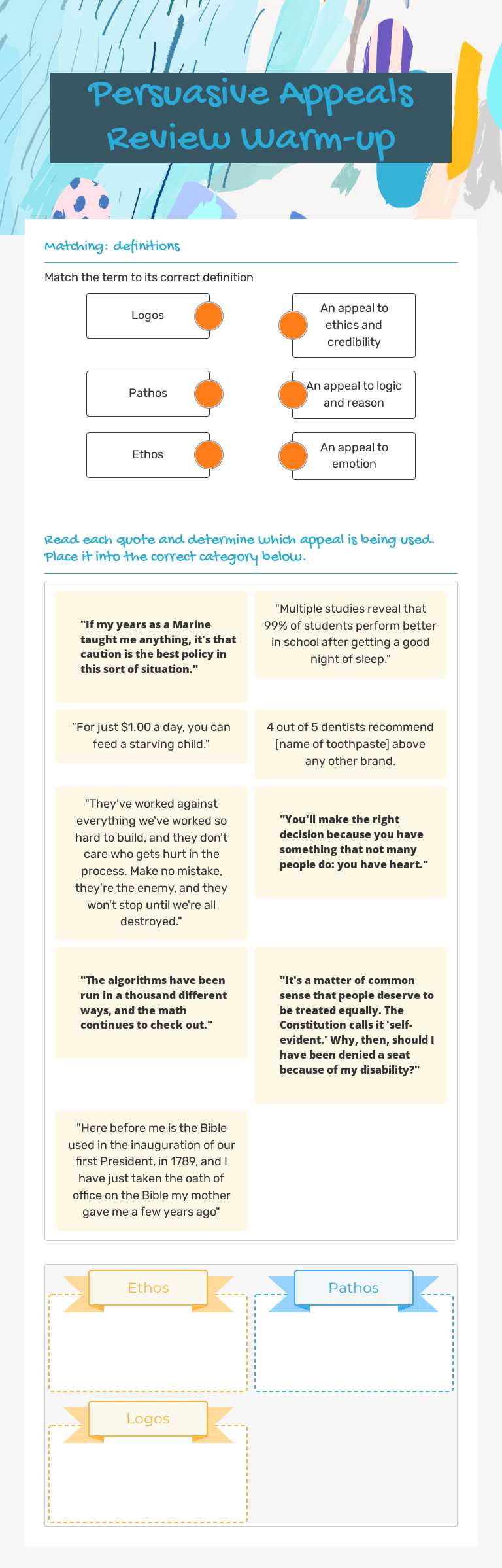 Persuasive Appeals Review Warm-up worksheet preview image