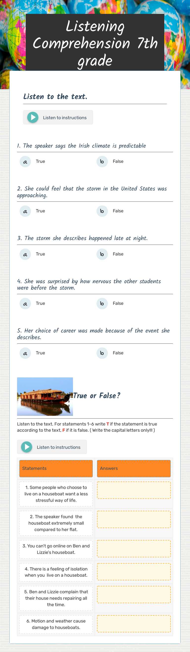 Listening Comprehension   7th grade worksheet preview image