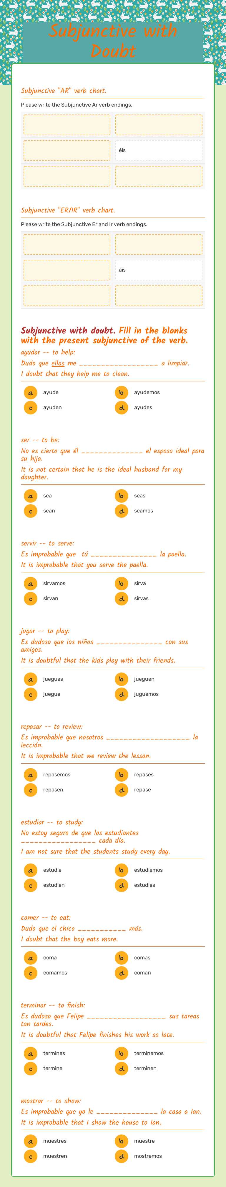 Subjunctive with Doubt worksheet preview image