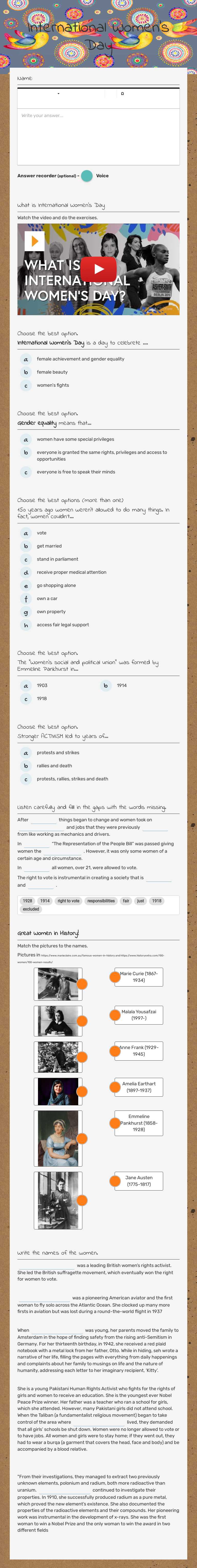 International Women's Day worksheet preview