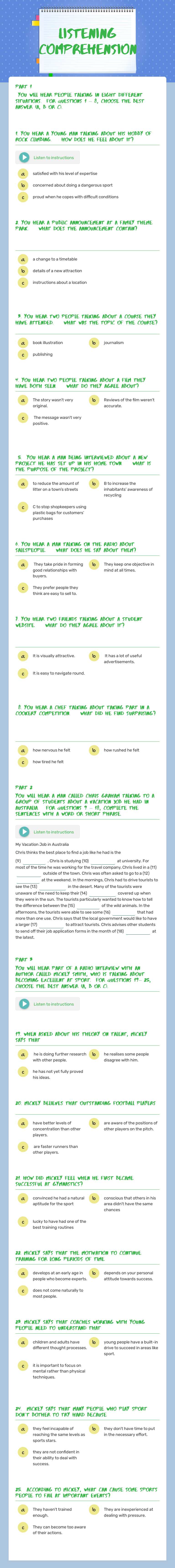 Listening Comprehension Preschool worksheet preview