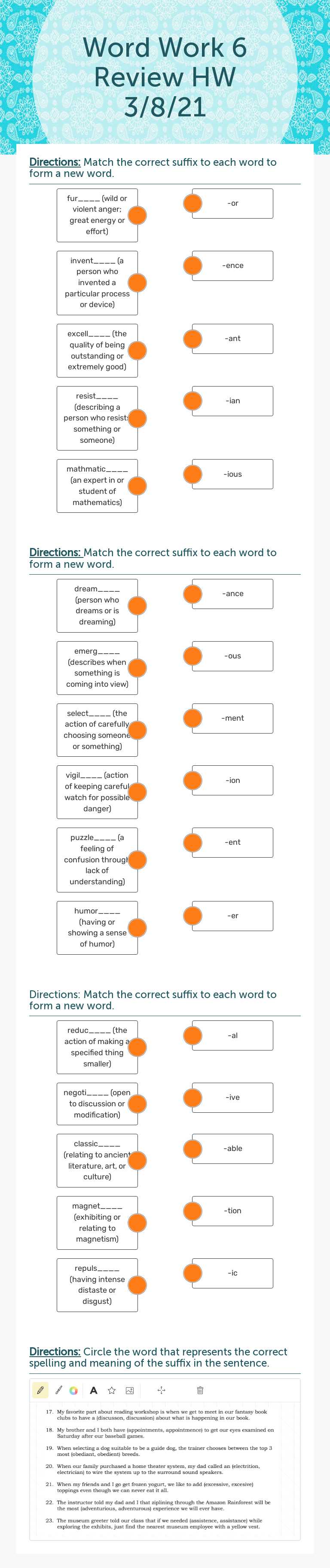 Word Work 6 Review HW 3/8/21 worksheet preview image
