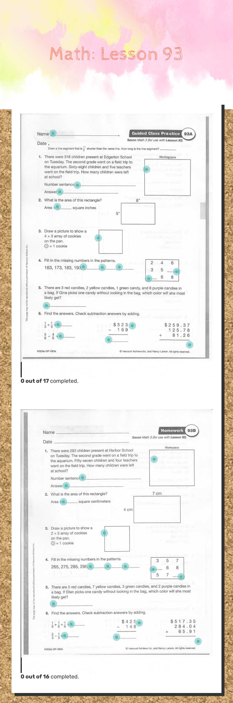 Math:  Lesson 93 Grade 3 worksheet preview