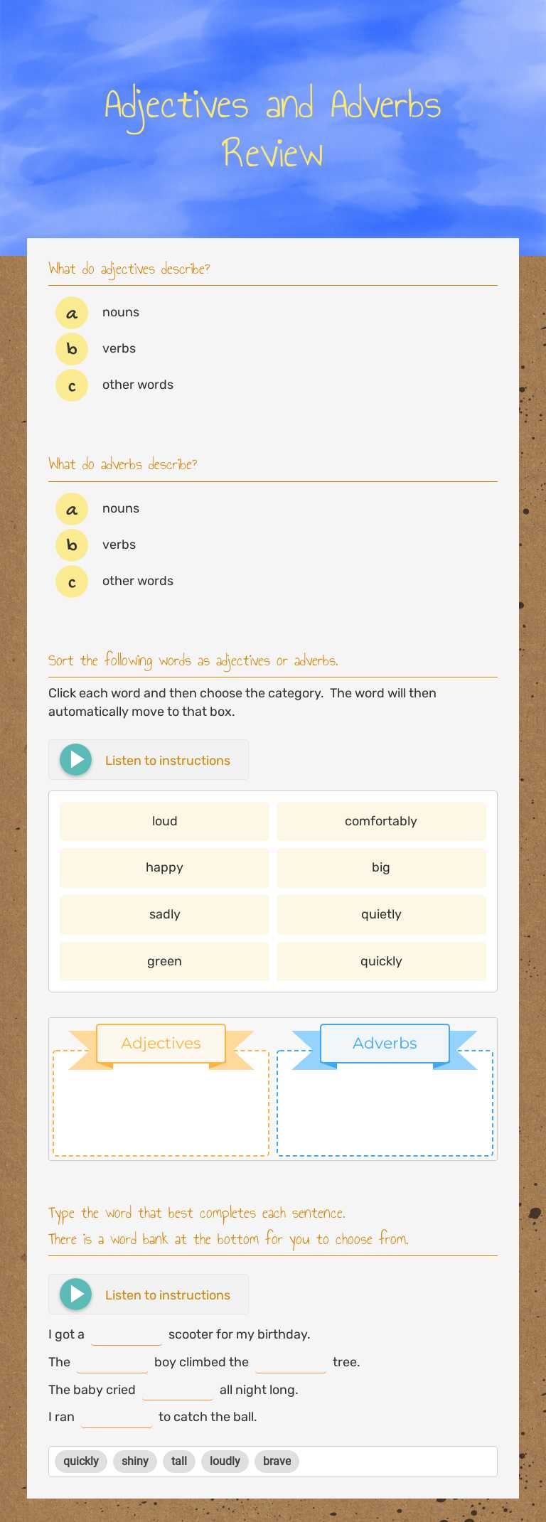 Adjectives and Adverbs Review worksheet preview image