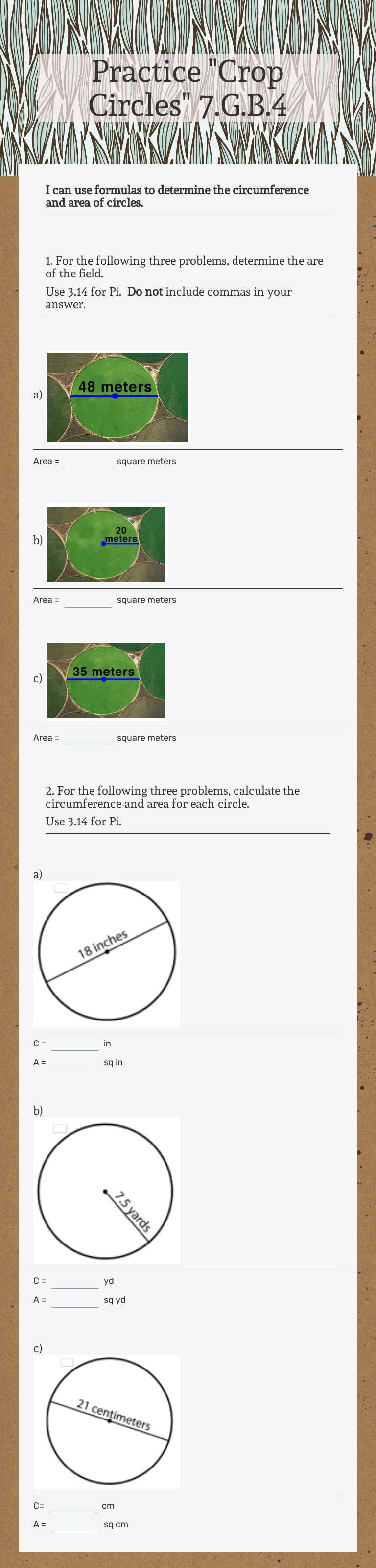 Practice "Crop Circles" 7.G.B.4 worksheet preview image