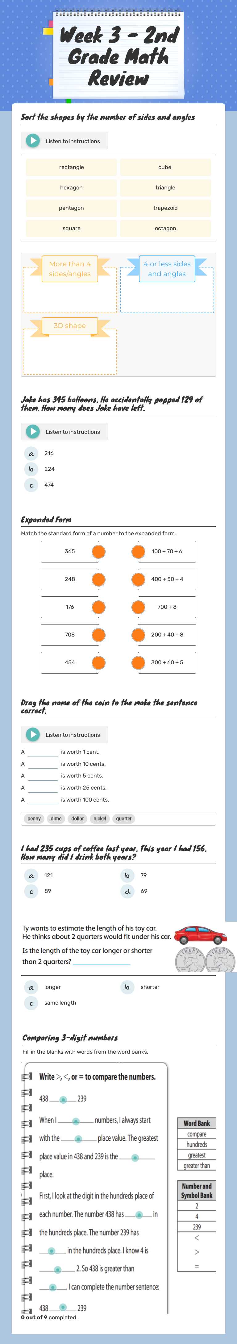 Week 3 - 2nd Grade Math Review Grade 2 worksheet preview