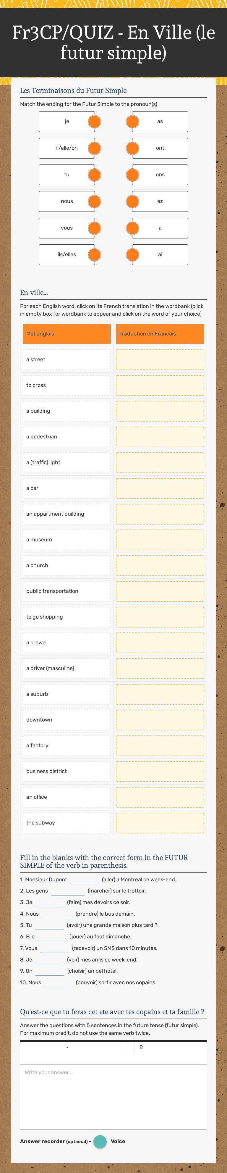 Fr3CP/QUIZ - 
En Ville (le futur simple) Grade 10 worksheet preview