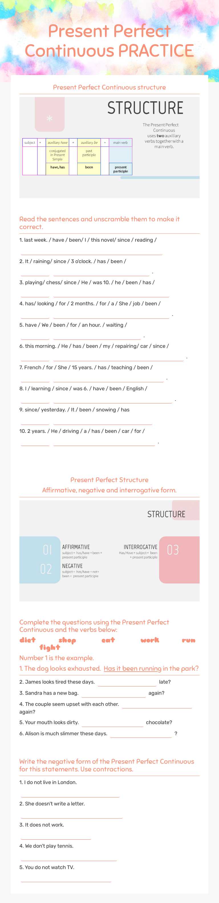 Present Perfect Continuous PRACTICE worksheet preview image