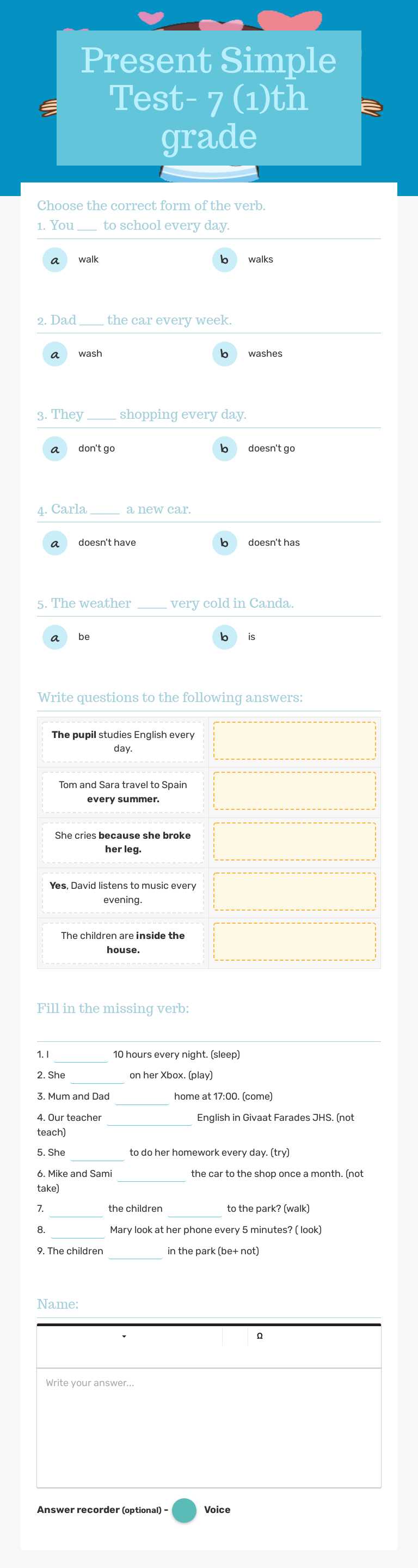 Present Simple Test- 7 (1)th grade worksheet preview image