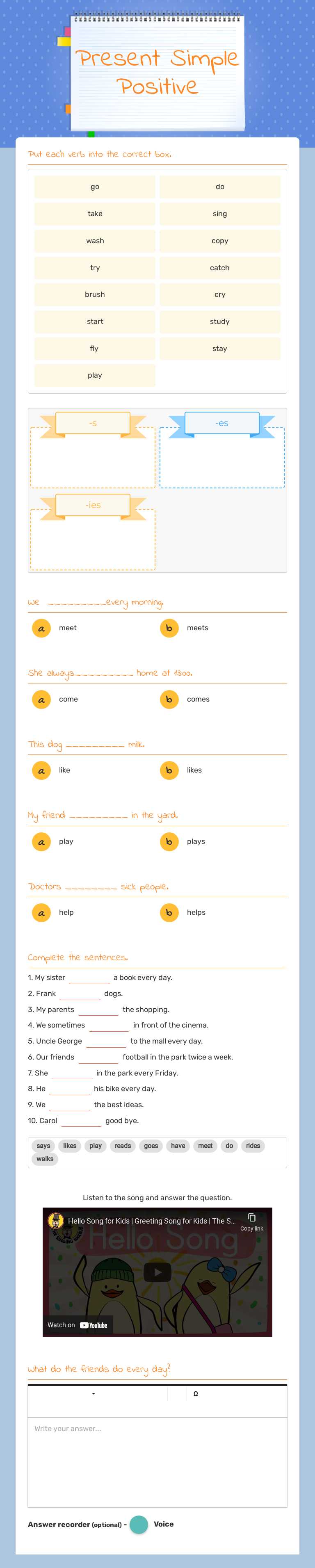 Present Simple Positive worksheet preview image