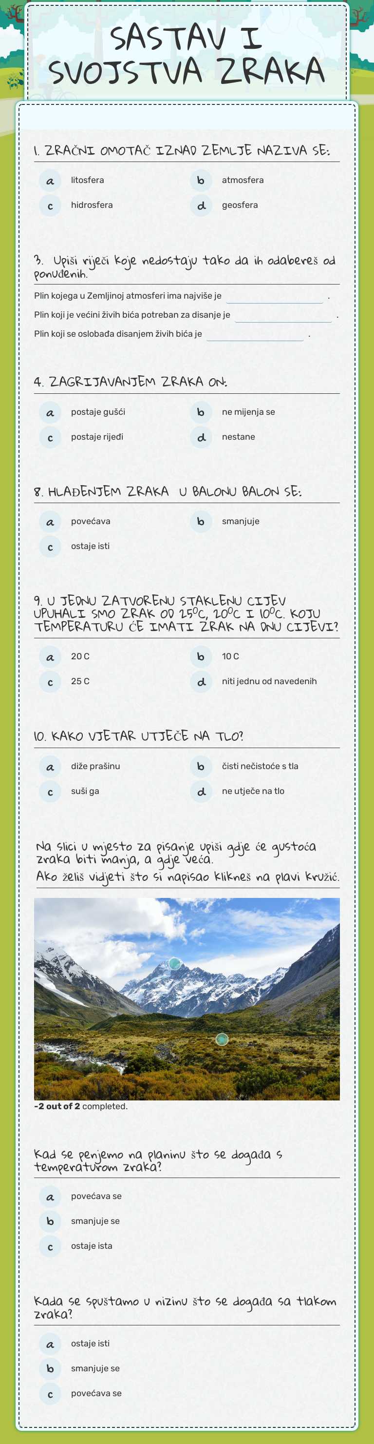 SASTAV I SVOJSTVA ZRAKA worksheet preview image