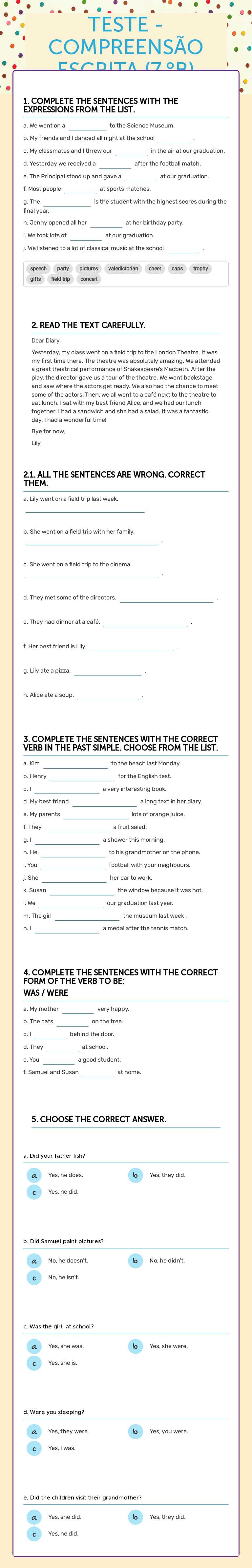 TESTE - COMPREENSÃO ESCRITA (7.ºB) Grade 7 worksheet preview