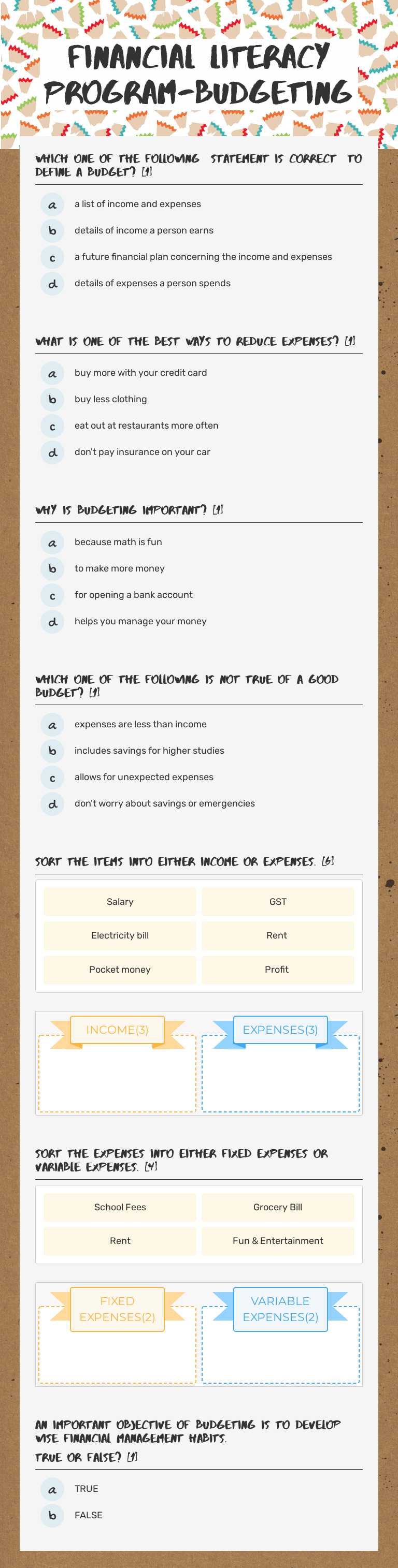 Financial literacy program-Budgeting Grade 10 worksheet preview