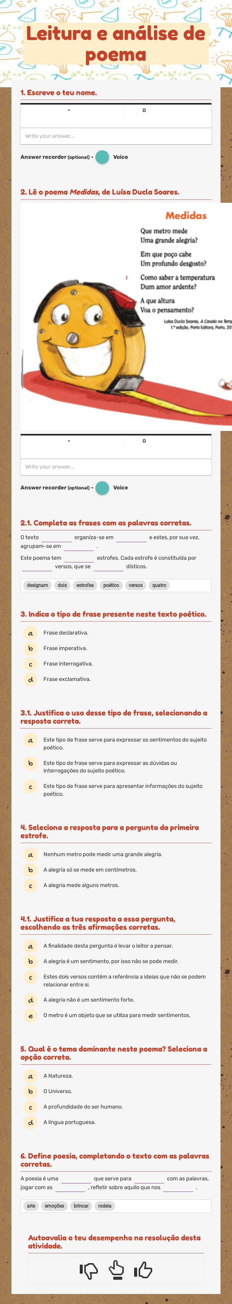 Leitura e análise de poema worksheet preview image