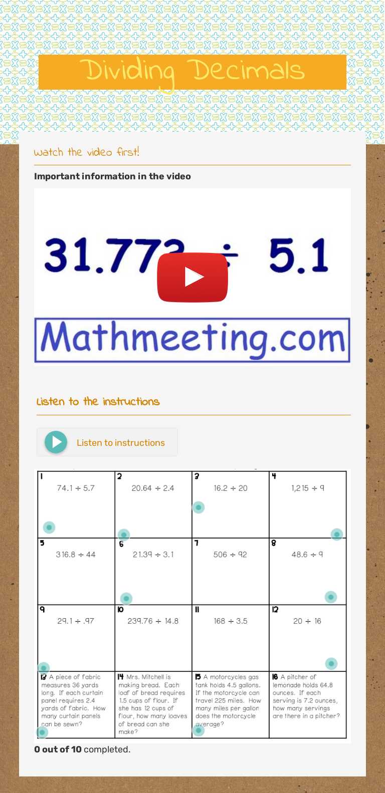 Dividing Decimals worksheet preview image