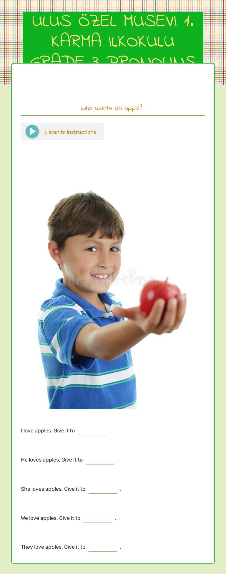 ULUS ÖZEL MUSEVI      1. KARMA ILKOKULU   GRADE 3 PRONOUNS worksheet preview image