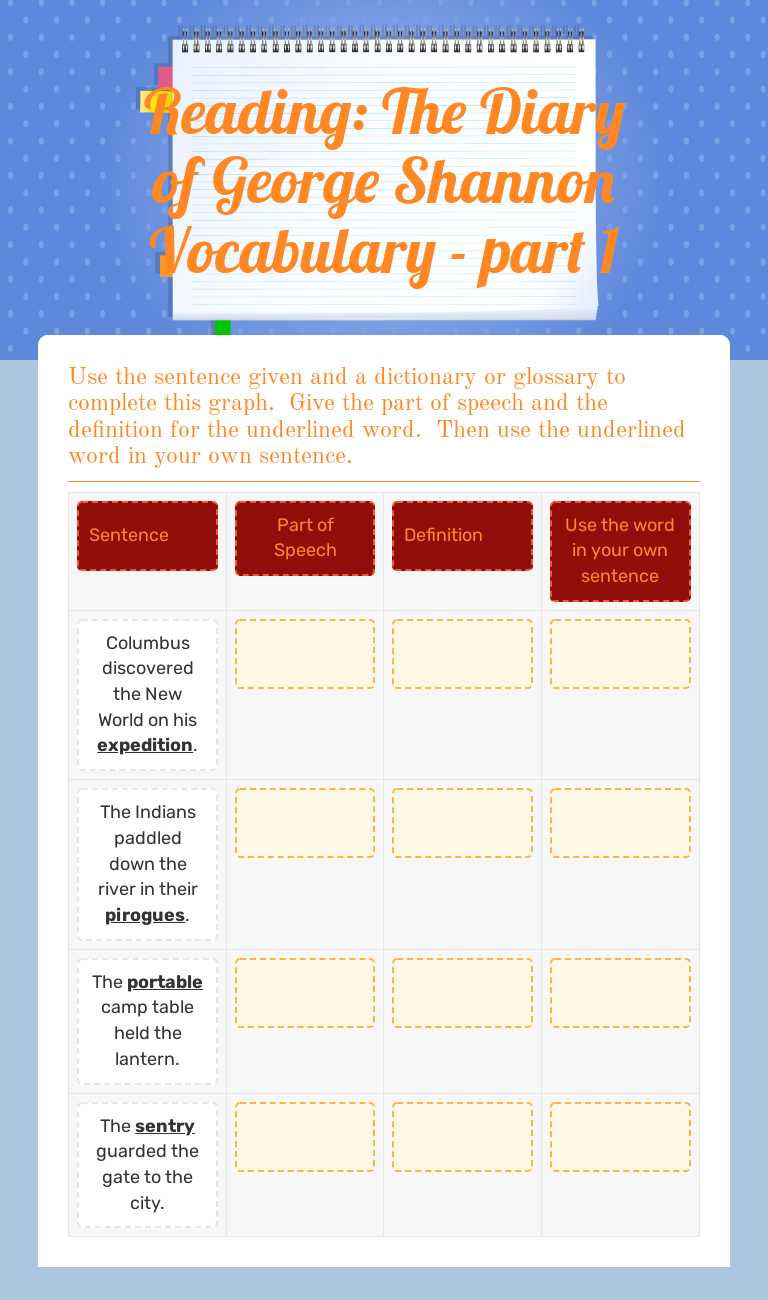 Reading:  The Diary of George Shannon Vocabulary - part 1 worksheet preview image