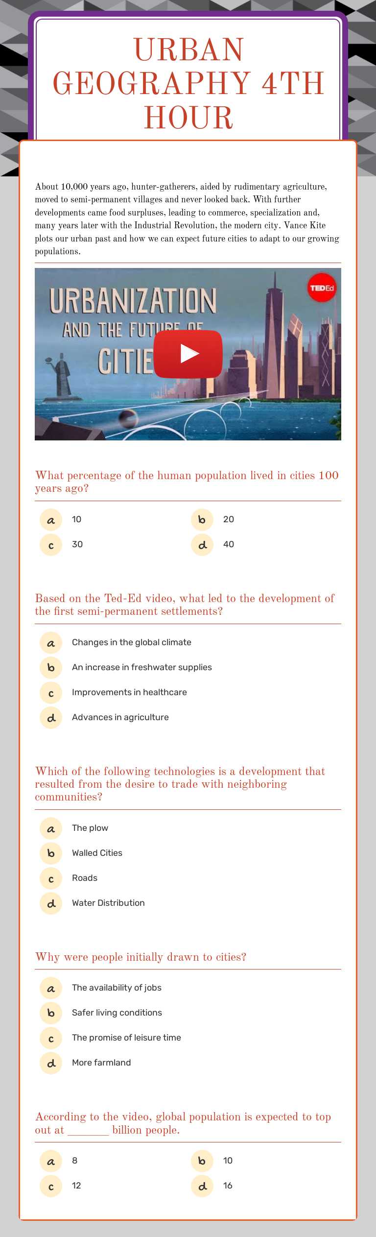 Urban Geography
4th Hour worksheet preview image