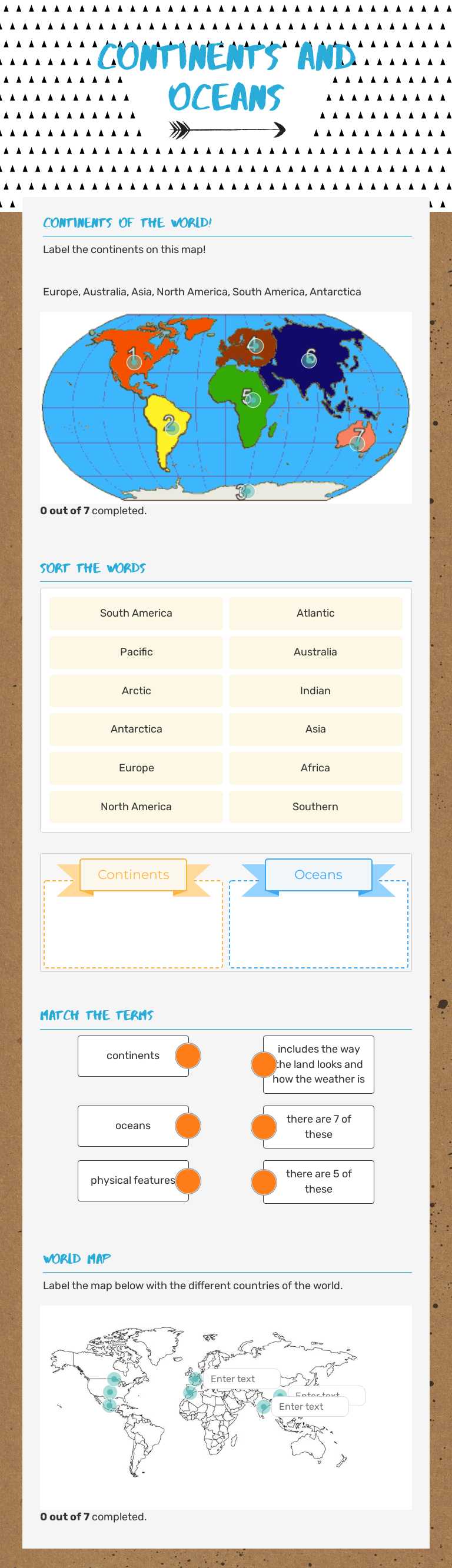 Continents and Oceans + world map worksheet preview image