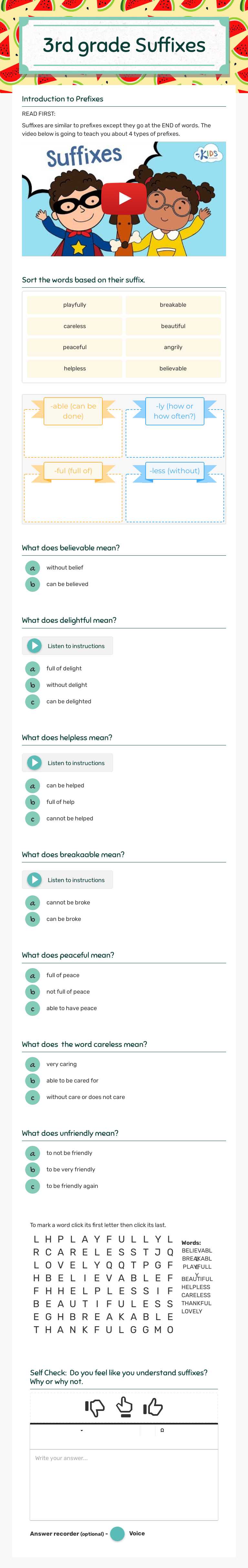 3rd grade Suffixes worksheet preview image