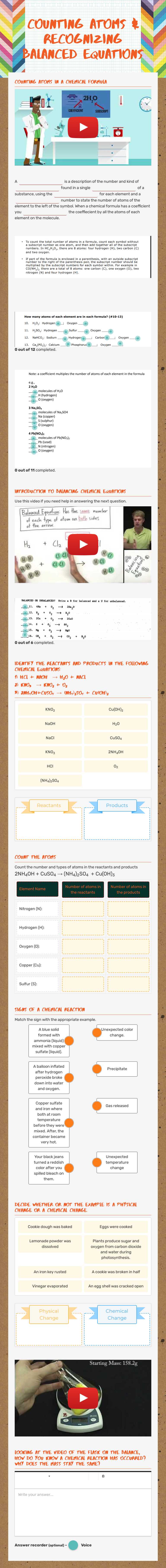 Counting Atoms & Recognizing Balanced Equations worksheet preview image