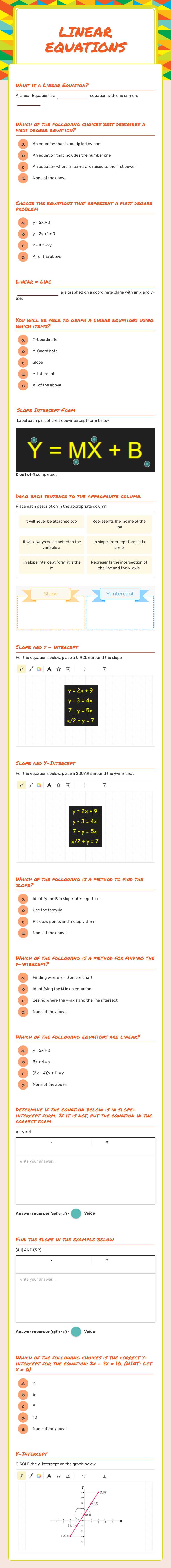 Linear Equations worksheet preview image