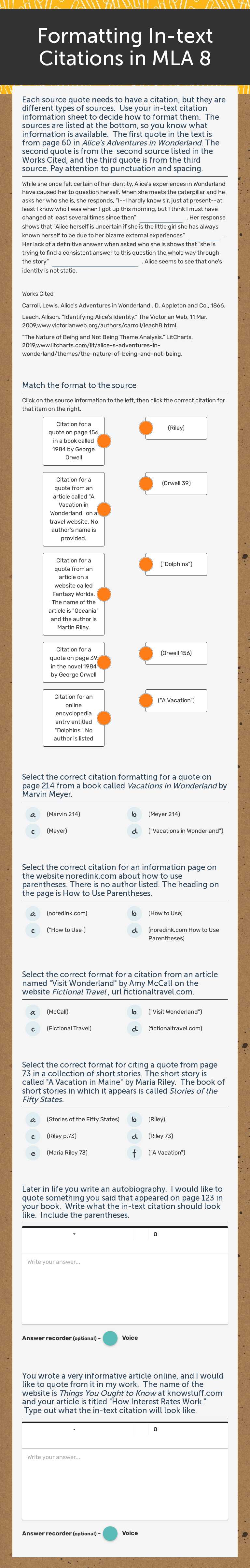 Formatting In-text Citations in MLA 8 Grade 10 worksheet preview