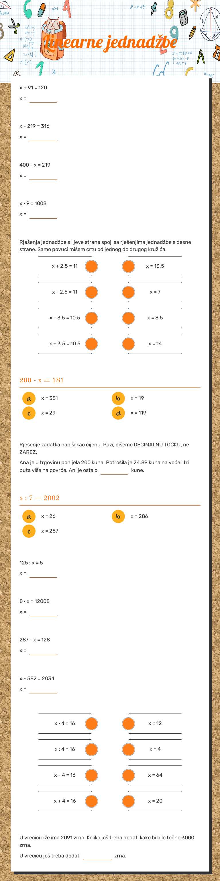 Linearne jednadžbe worksheet preview image
