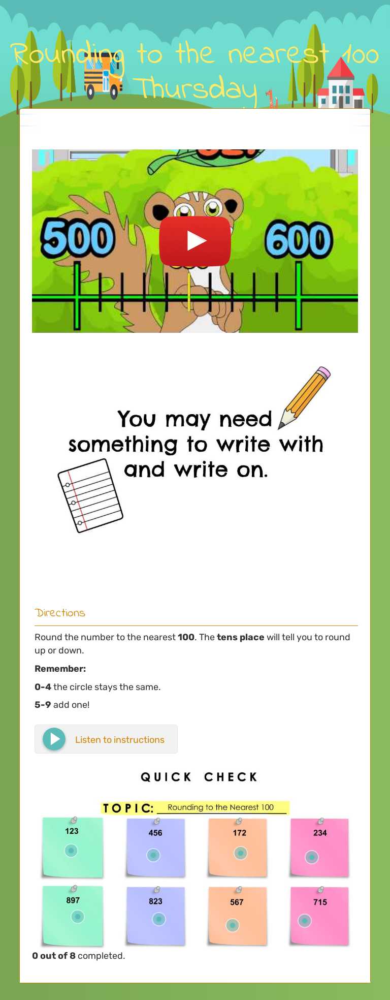 Rounding to the nearest 100 Thursday Grade 3 worksheet preview
