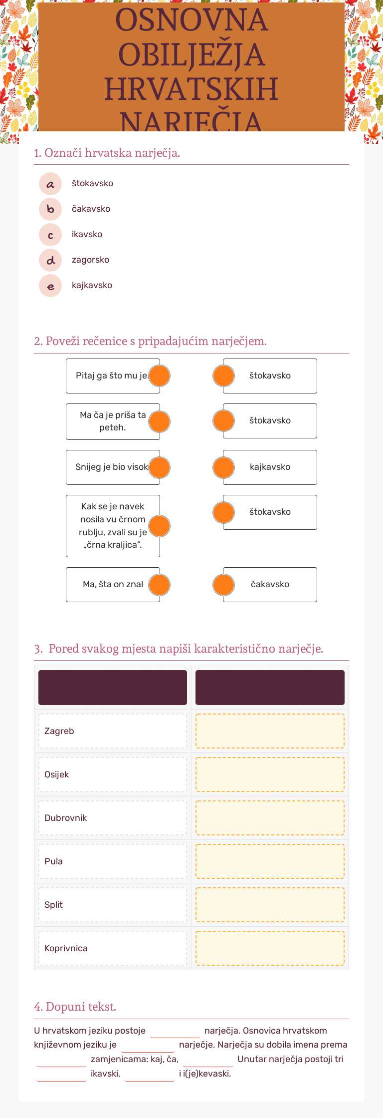 OSNOVNA OBILJEŽJA HRVATSKIH NARJEČJA Grade 8 worksheet preview