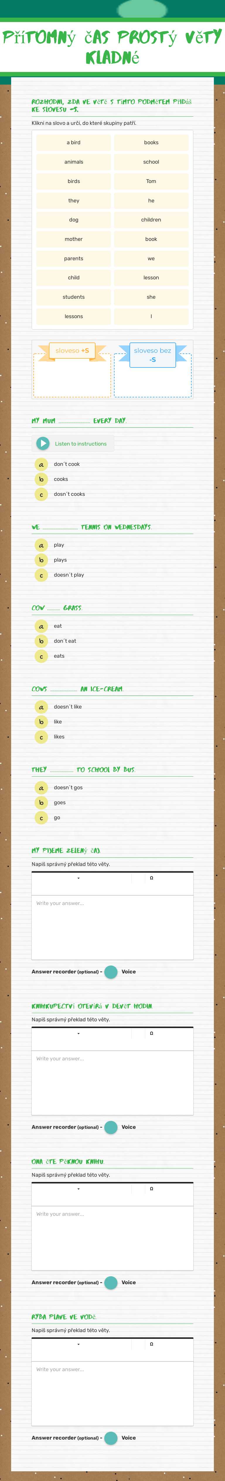 přítomný čas prostý
věty kladné Grade 5 worksheet preview