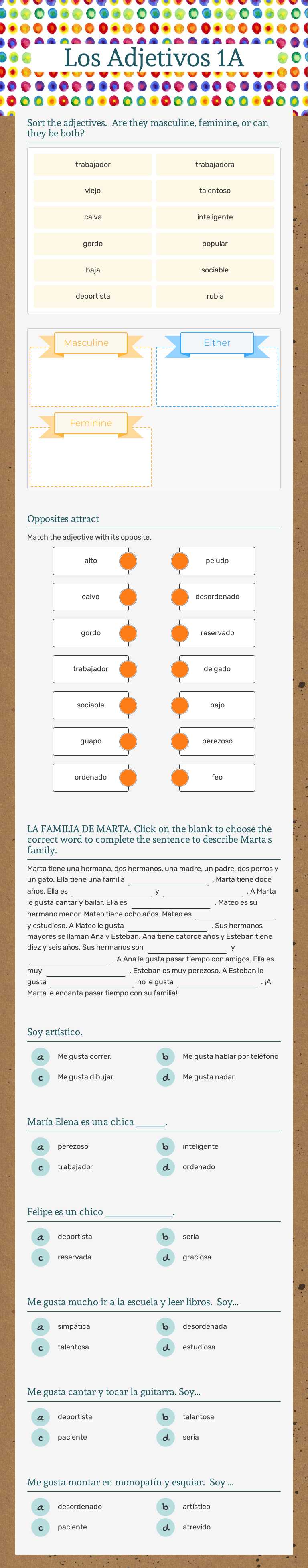 Los Adjetivos 1A worksheet preview image