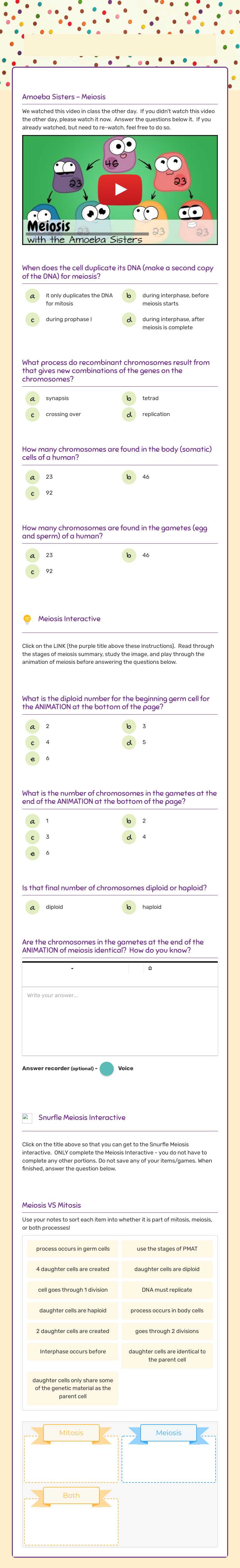 Meiosis with the
amoeba sisters worksheet preview image