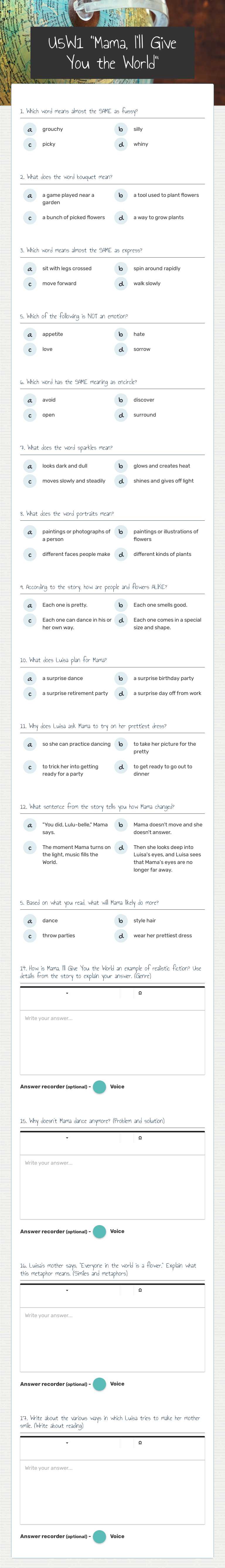 U5W1 "Mama, I'll Give You the World" worksheet preview image