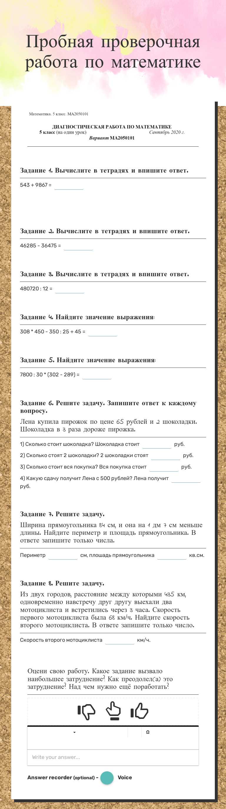 Пробная проверочная работа по математике worksheet preview image