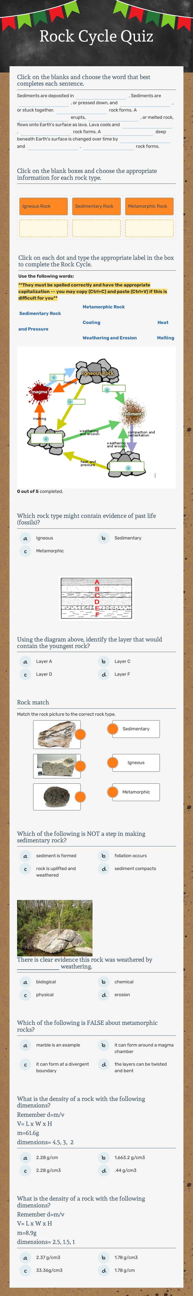 Rock Cycle Quiz Grade 6 worksheet preview
