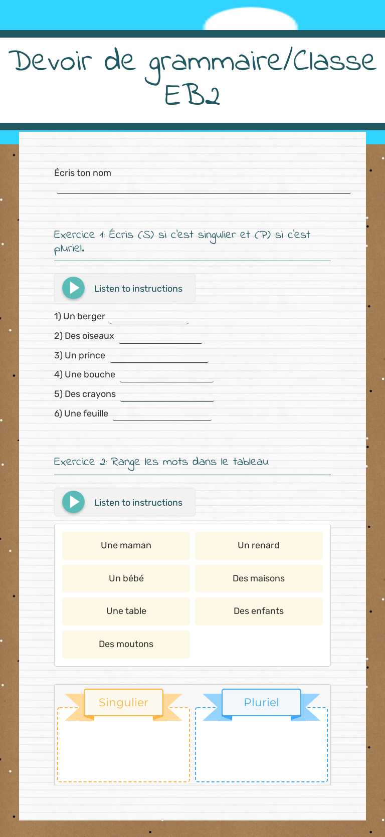 Devoir de grammaire/Classe EB2 worksheet preview image