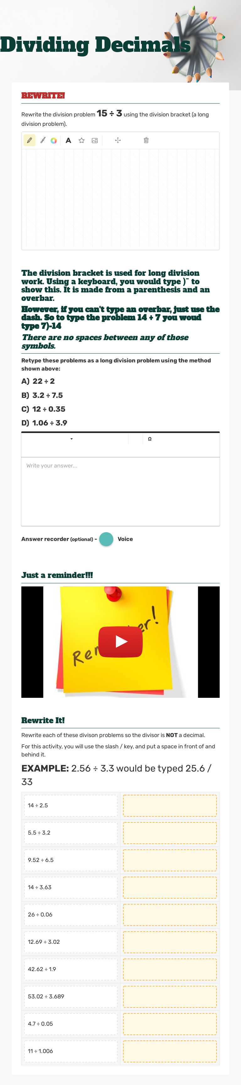 Dividing Decimals worksheet preview image