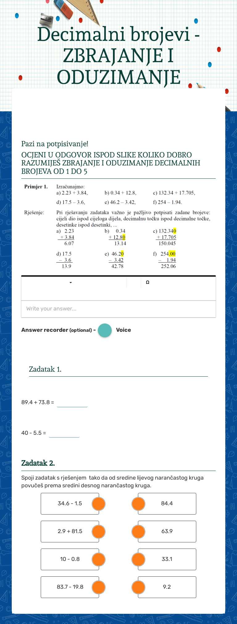 Decimalni brojevi - ZBRAJANJE I ODUZIMANJE worksheet preview image