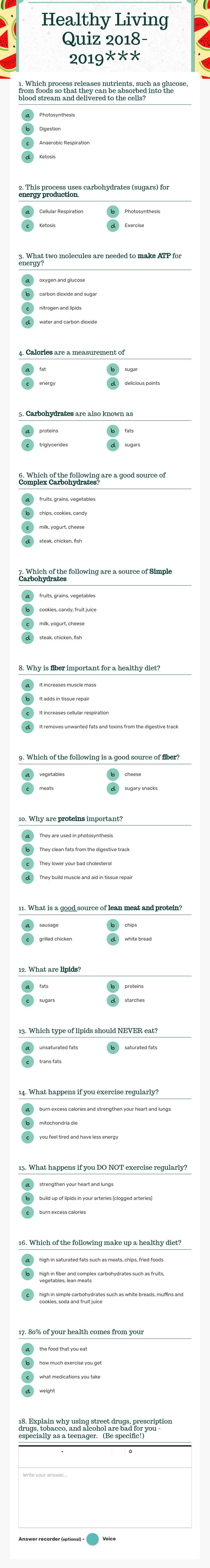 Healthy Living Quiz 2018-2019*** Grade 8 worksheet preview