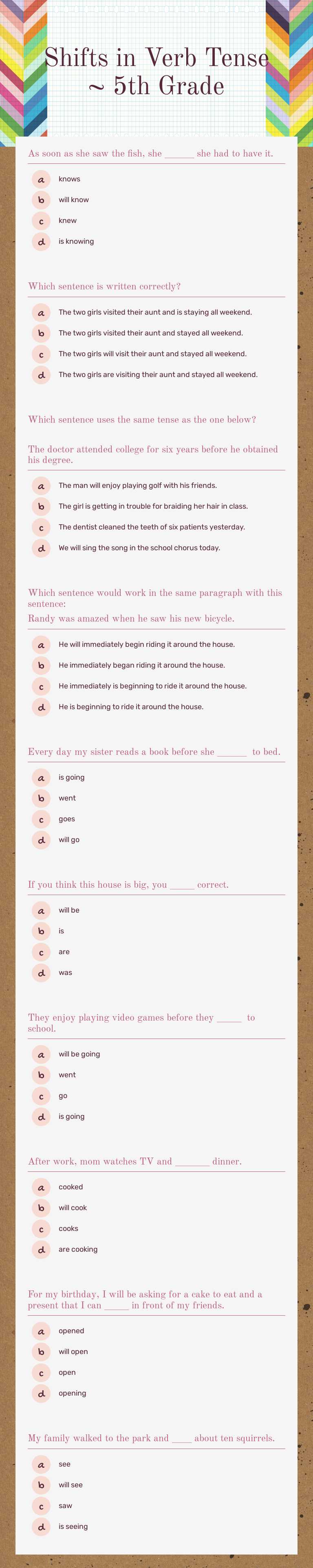 Shifts in Verb Tense ~ 5th Grade worksheet preview image