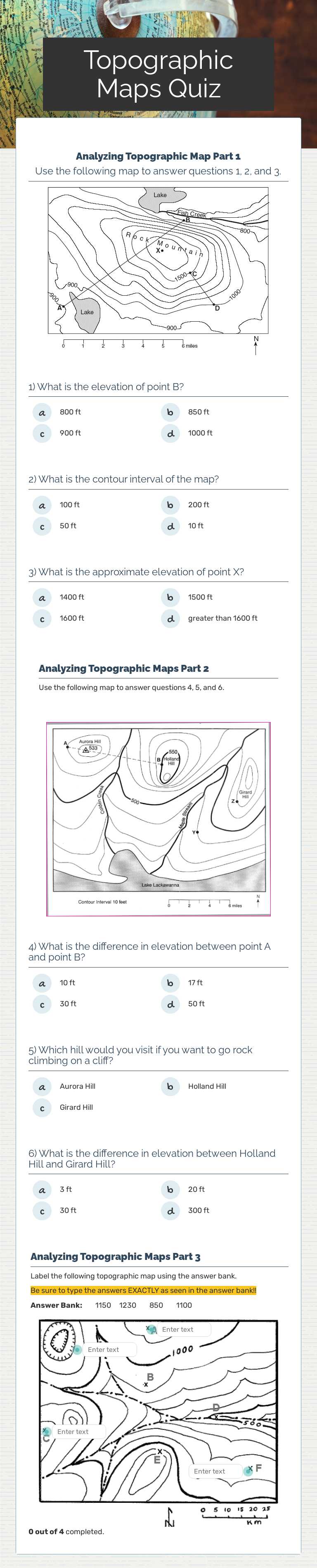 Topographic Maps Quiz worksheet preview image