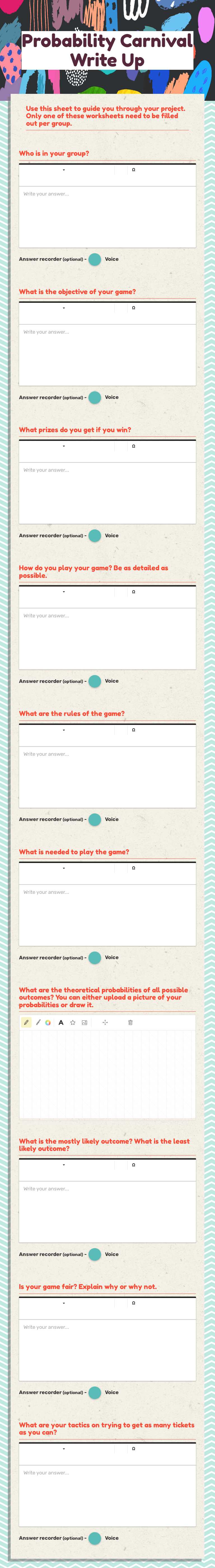 Probability Carnival  Write Up worksheet preview image