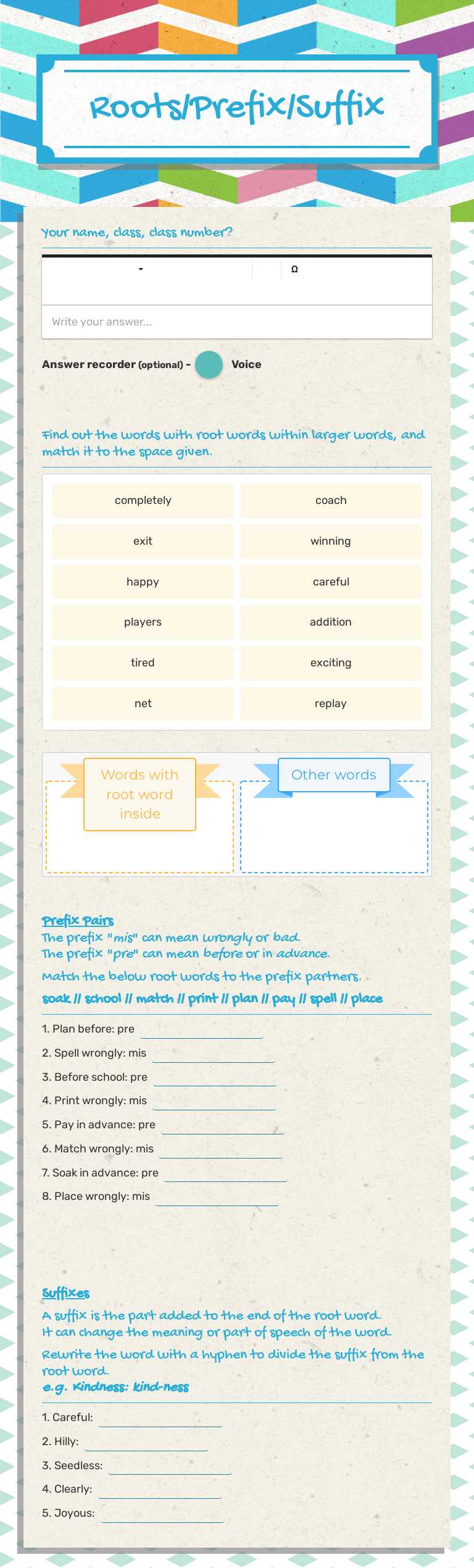 Roots/Prefix/Suffix Grade 7 worksheet preview